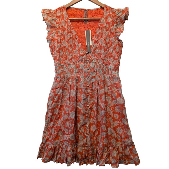 Anthropologie Ruffle Sleeve Smocked Midi Dress Orange Floral Button Front XXS - Picture 2 of 16